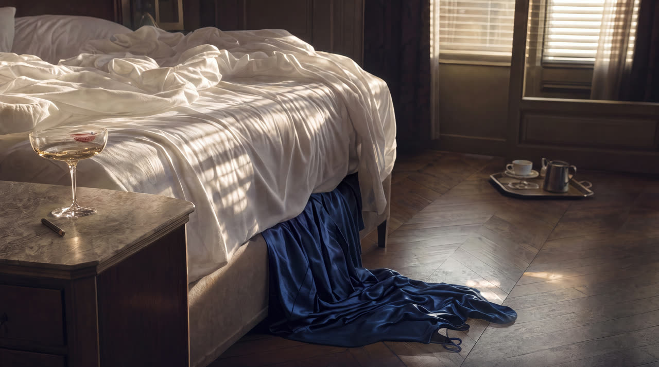 A gown pooled on the floor beside a steel dive watch and a worn pencil at dawn