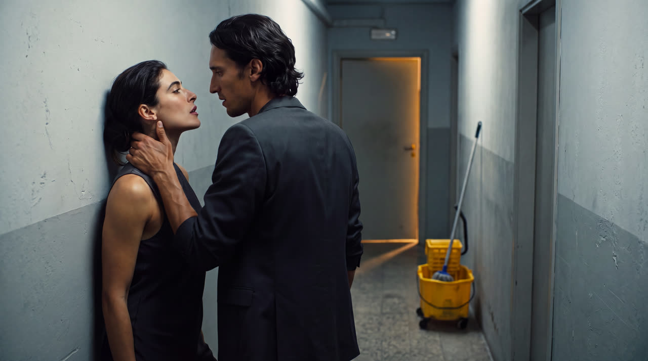 Luka and Sofia a breath apart in a dark service corridor, the kiss not yet happened