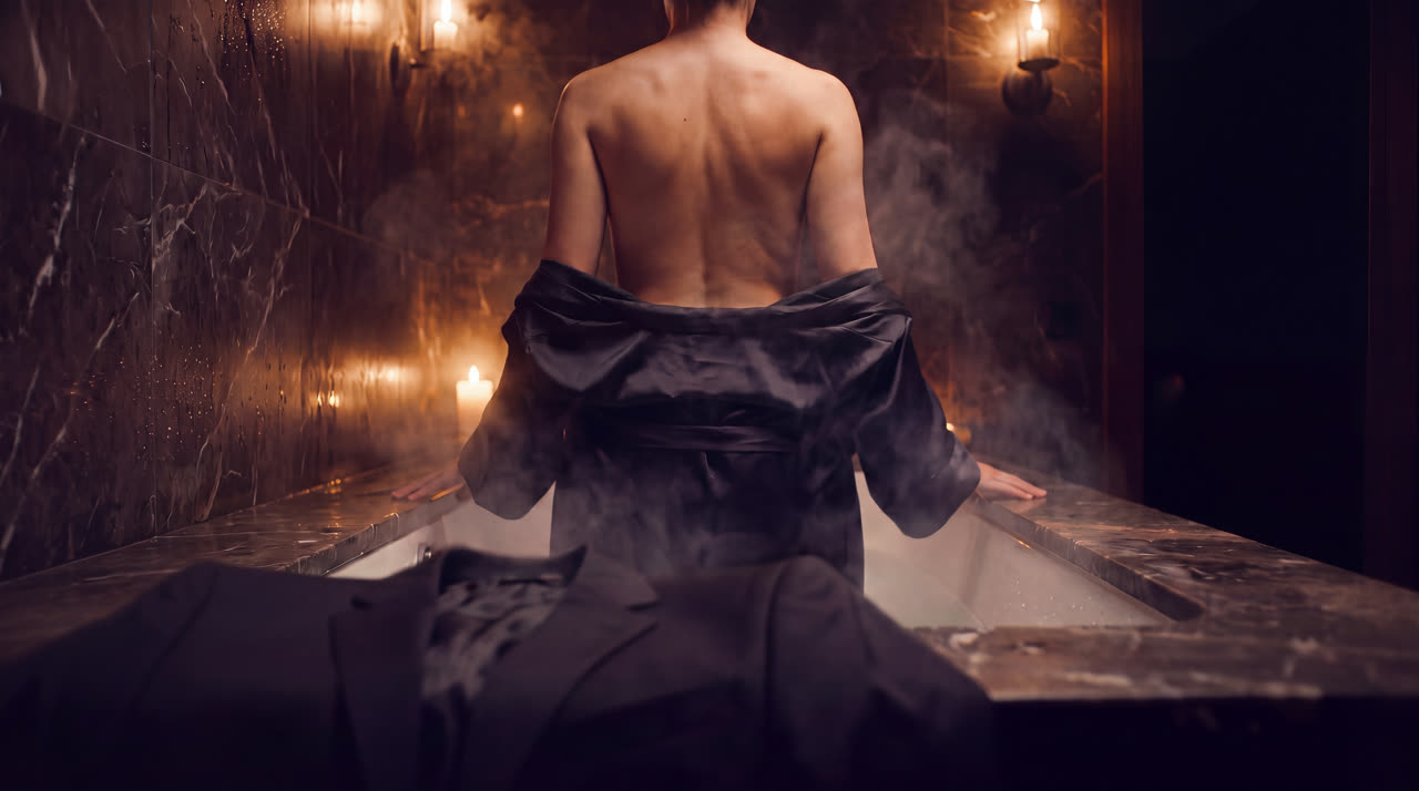 A silk robe slipping from bare shoulders at the edge of a candlelit marble bath, a suit jacket and dive watch dropped in the foreground