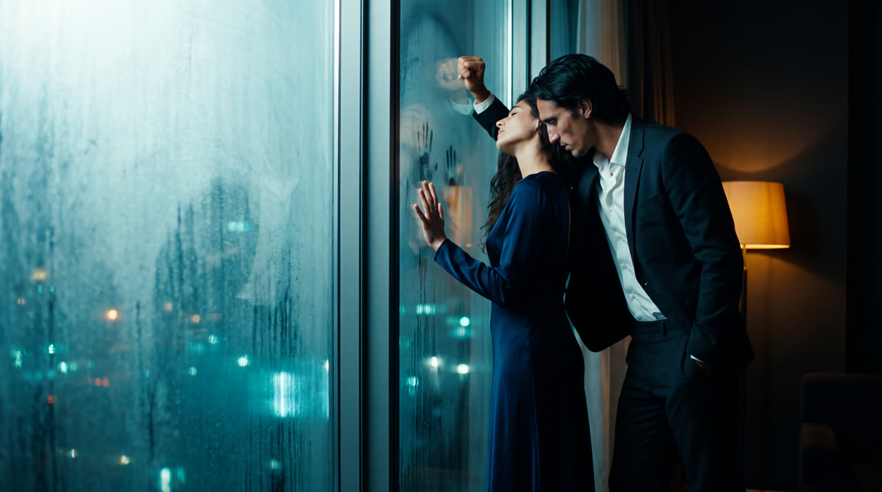 Two silhouettes pressed together against fogged glass above the night city, a handprint on the mist