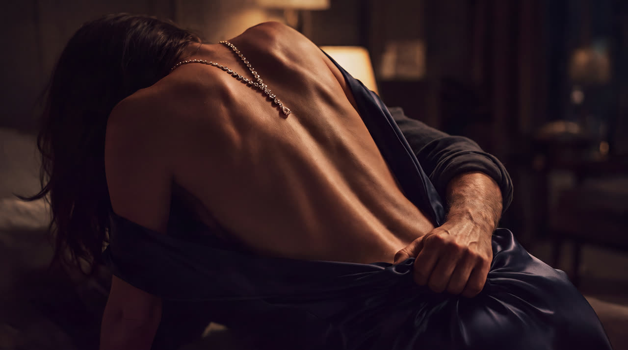 An arched bare back, a diamond rivière down the spine, a man's fist bunching midnight silk at her hip
