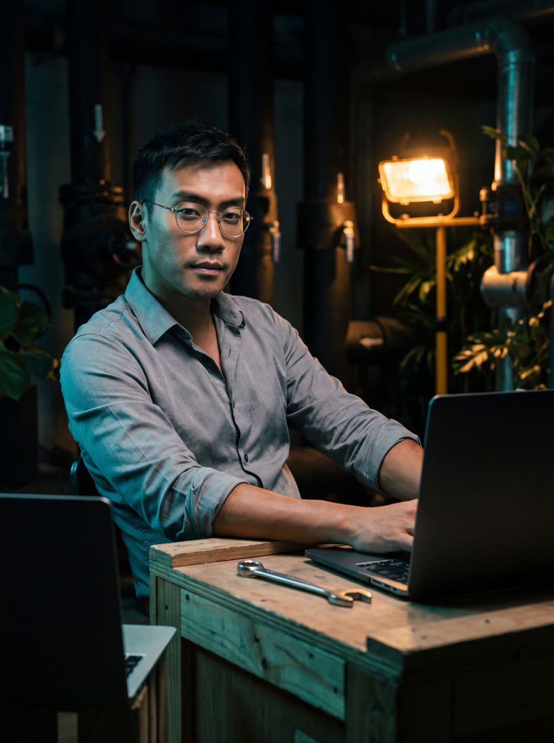 Kenji lit by monitor glow, collar open, tie long gone
